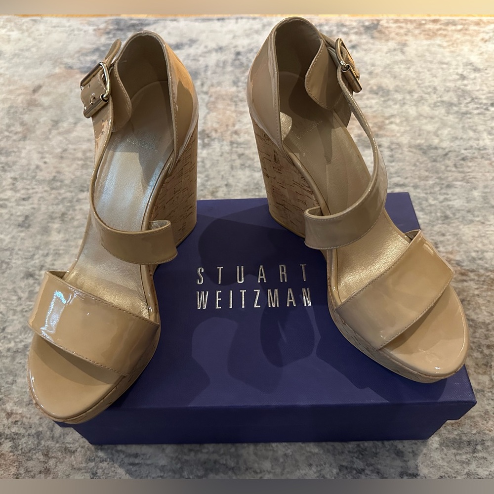 Stuart Weitzman Tan Wedge Sandals with Ankle Straps—Size 8